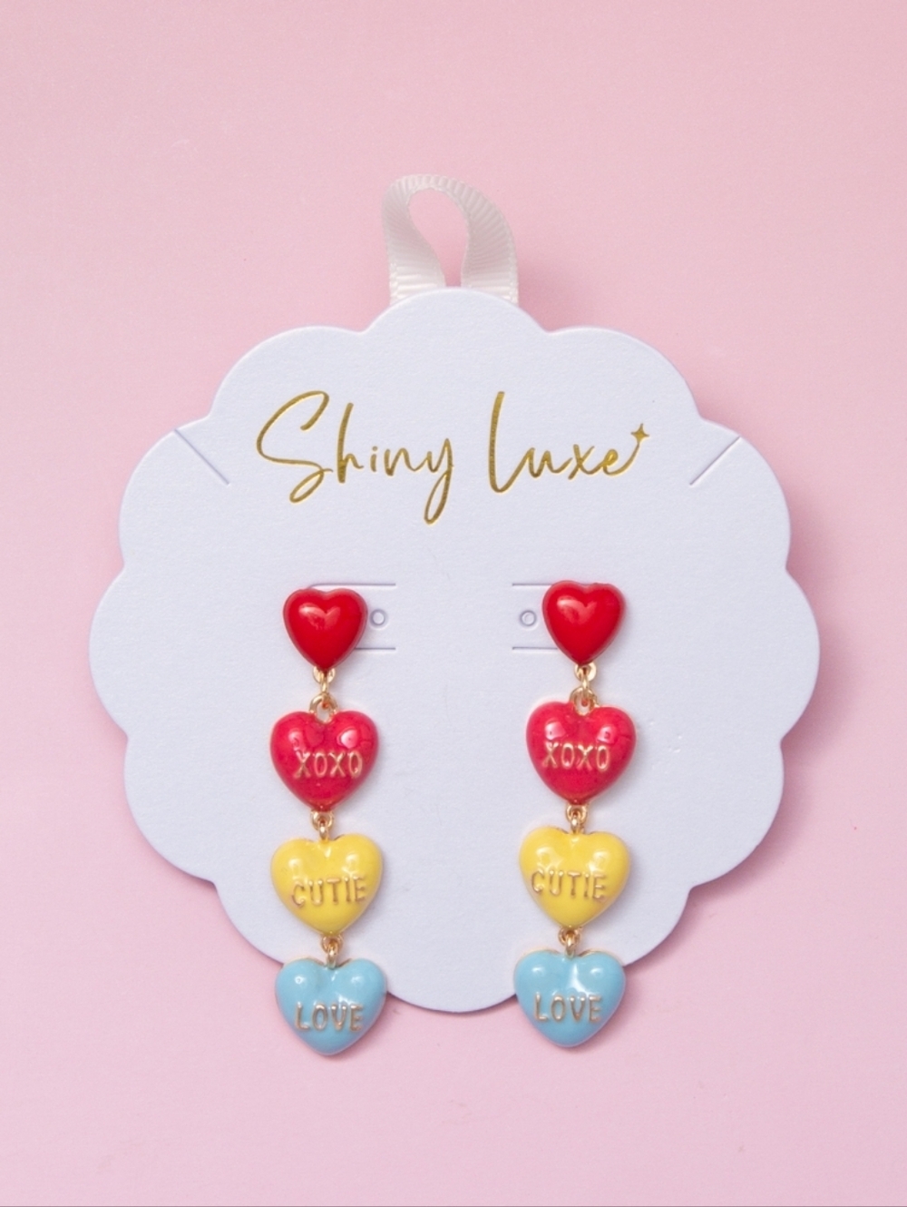 Enamel Sweet Heart Post Dangle Message Earrings 2.25"